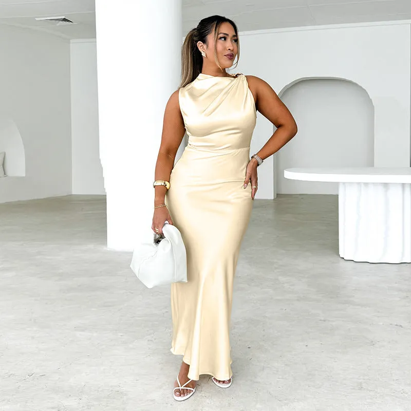 Glamorous One-Shoulder Satin Fishtail Maxi Dress