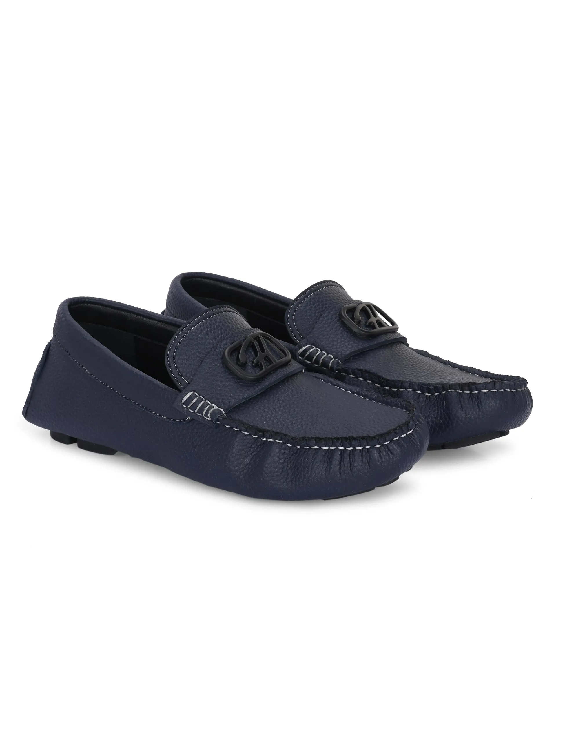Hitz Men's Blue Leather Casual Loafers