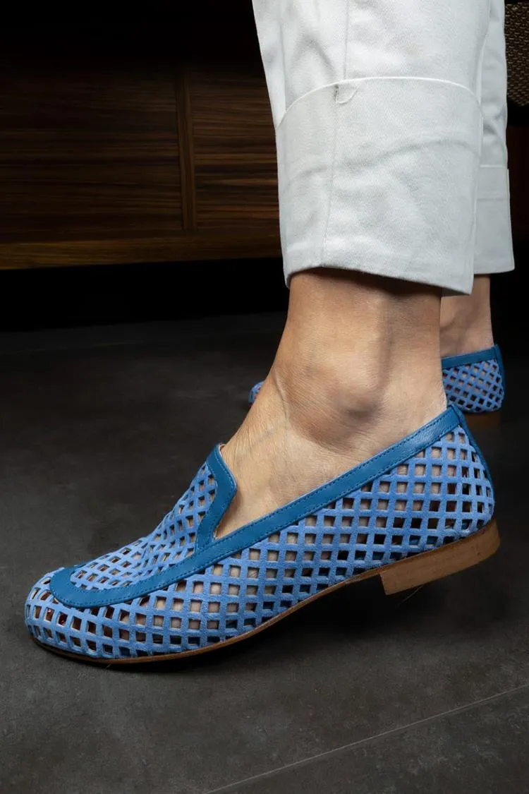 Hollow Out Patchwork Round Toe Blue Loafers [Pre Order]