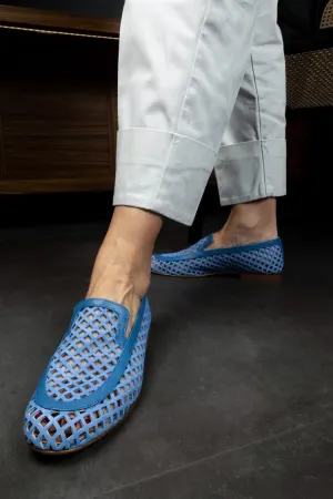 Hollow Out Patchwork Round Toe Blue Loafers [Pre Order]