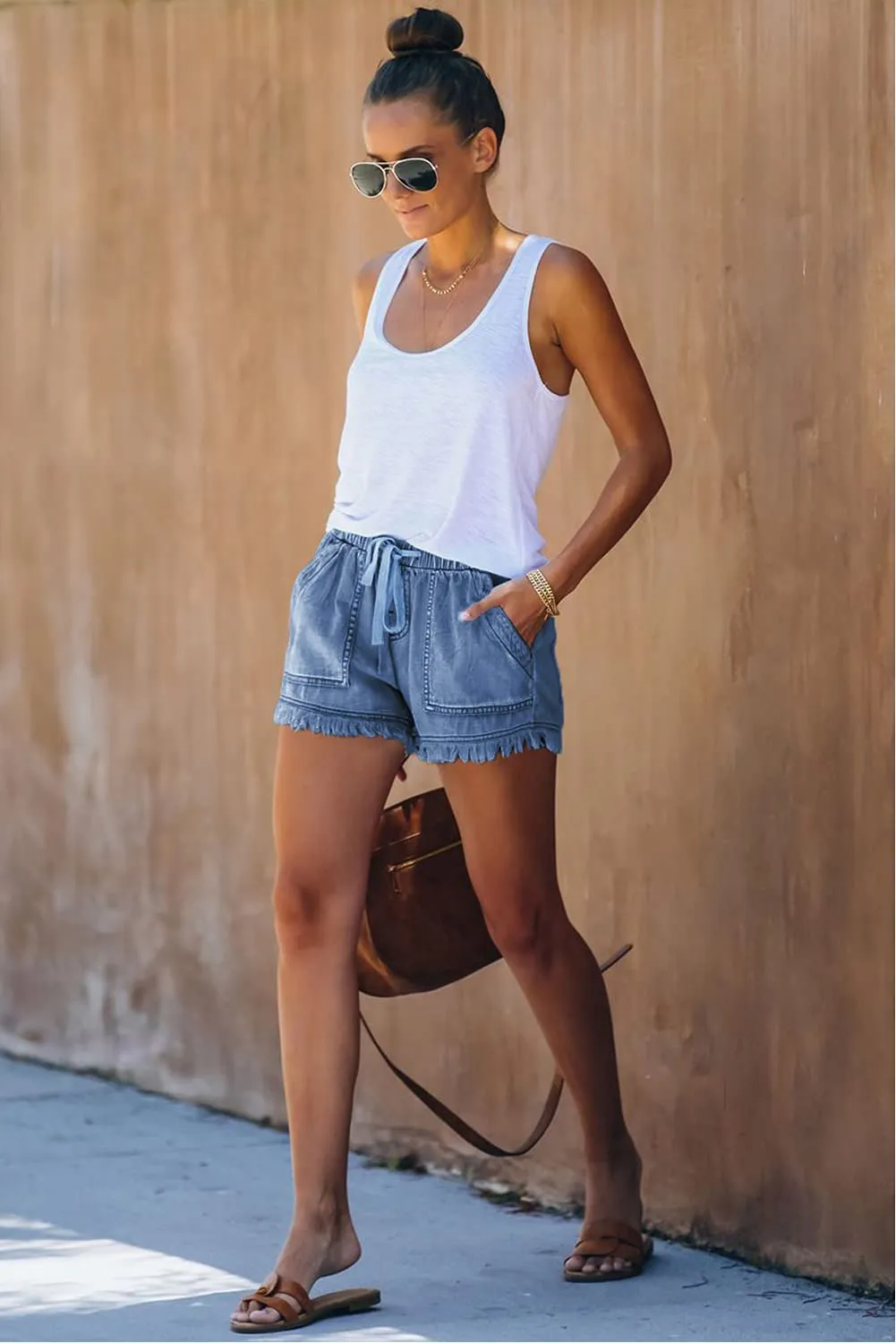 HVEPUO 2024 Womens High Waisted Shorts Casual High Rise Shorts Casual Summer Denim Shorts Distressed Short Shorts Low Rise Fringe
