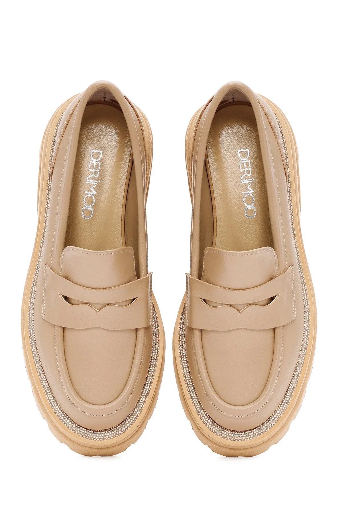 Kadın Bej Kalın Tabanlı Deri Maskülen Loafer