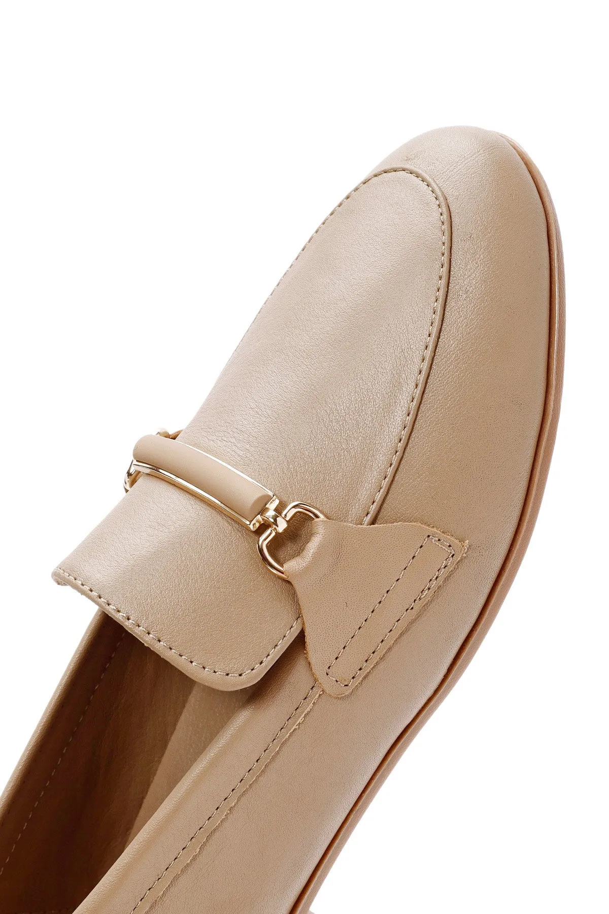 Kadın Pudra Toka Detaylı Deri Maskülen Loafer