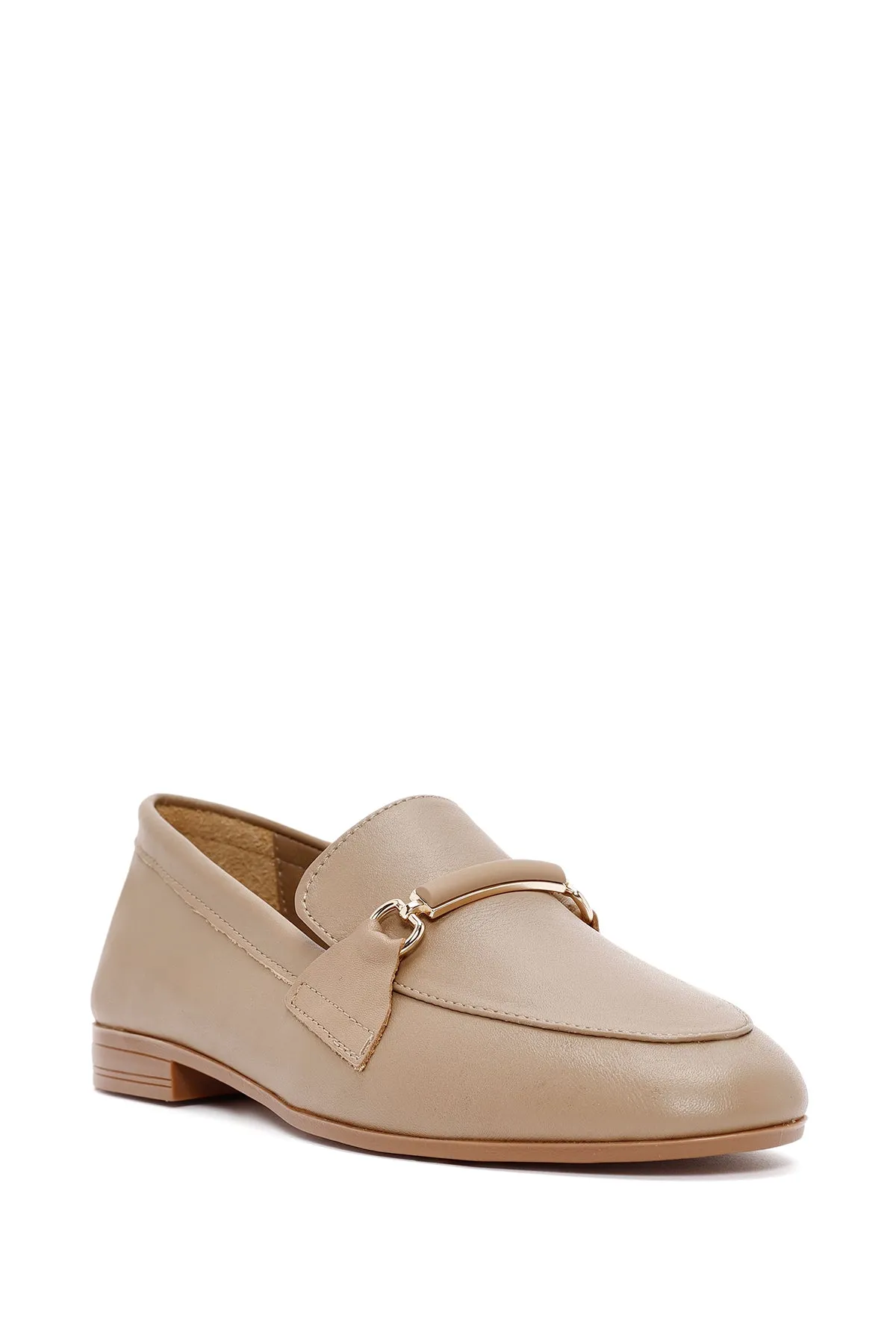 Kadın Pudra Toka Detaylı Deri Maskülen Loafer