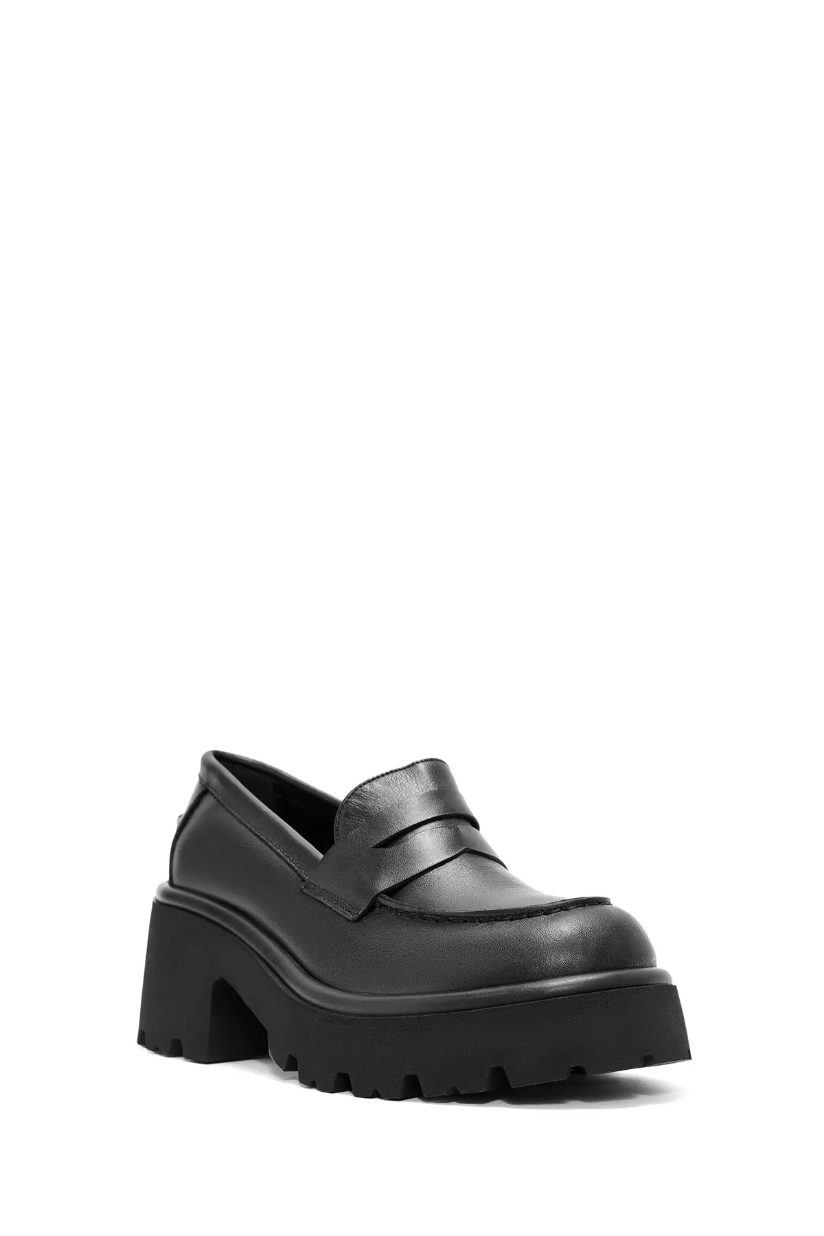 Kadın Siyah Kalın Topuklu Deri Maskülen Loafer