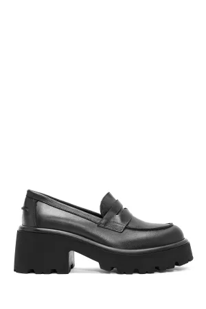 Kadın Siyah Kalın Topuklu Deri Maskülen Loafer