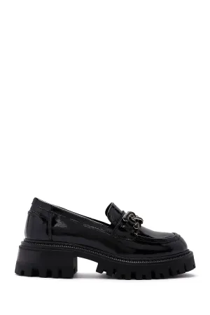 Kadın Siyah Toka Detaylı Deri Maskülen Loafer