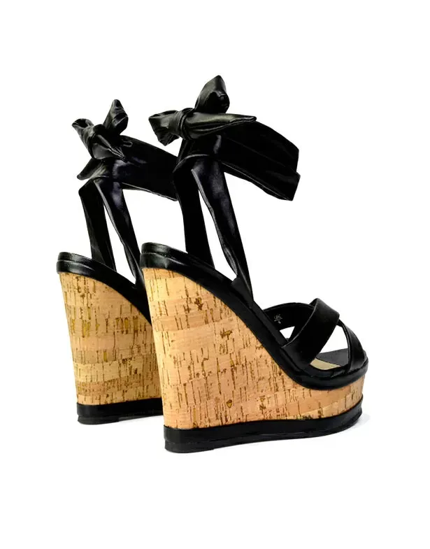 Kammie Lace Up Strappy Cork Wedge Heel Sandals Platform Shoes in Black