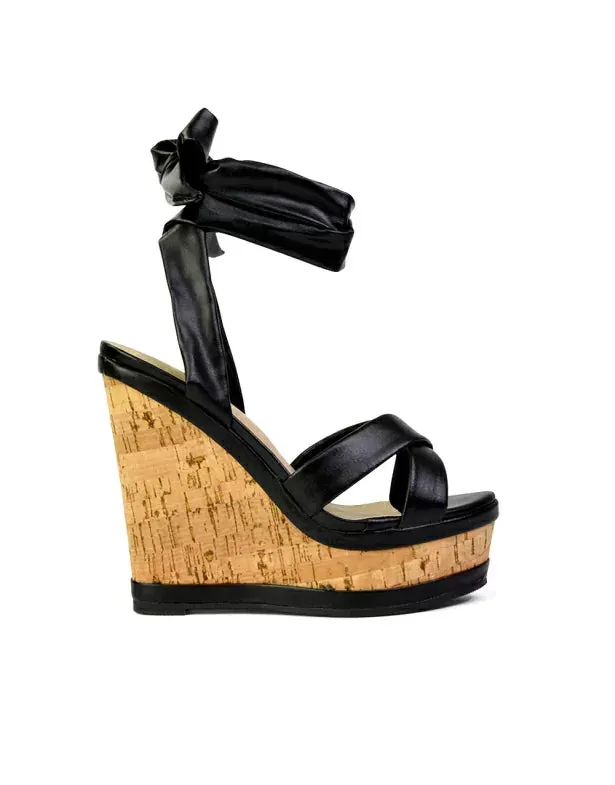 Kammie Lace Up Strappy Cork Wedge Heel Sandals Platform Shoes in Black