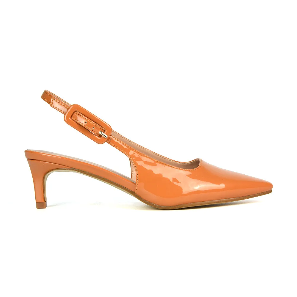 Kelly Low Kitten Heel Slingback Pointed Toe Court Shoes in Apricot Patent