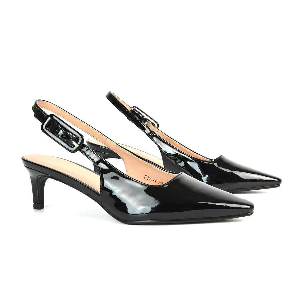 Kelly Low Kitten Heel Slingback Pointed Toe Court Shoes in Apricot Patent
