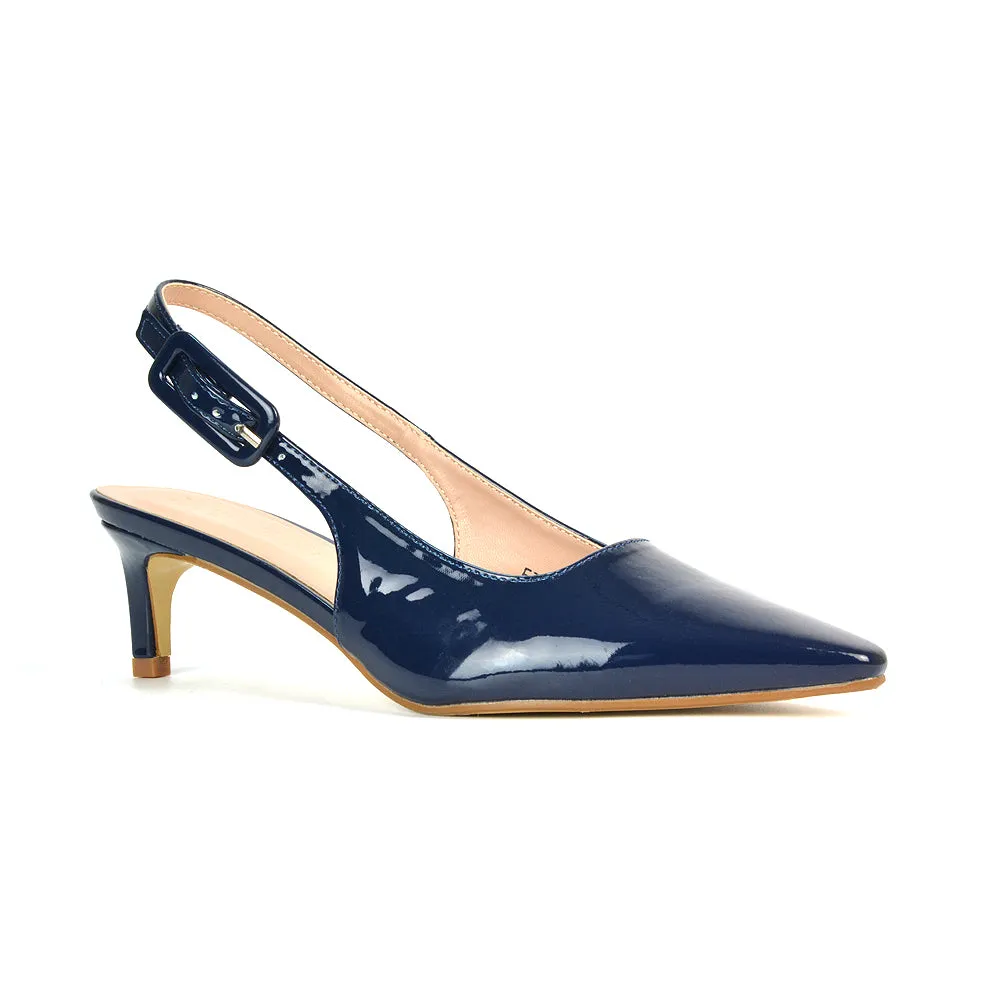 Kelly Low Kitten Heel Slingback Pointed Toe Court Shoes in Apricot Patent