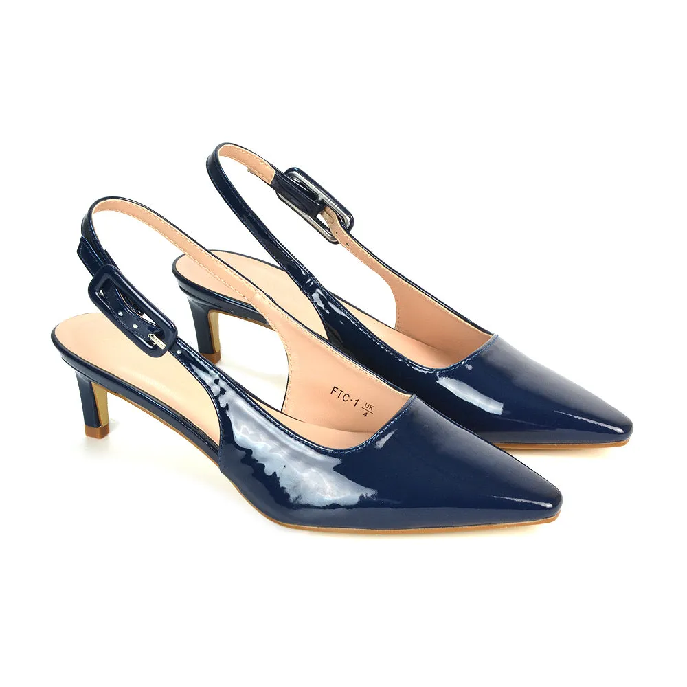 Kelly Low Kitten Heel Slingback Pointed Toe Court Shoes in Apricot Patent