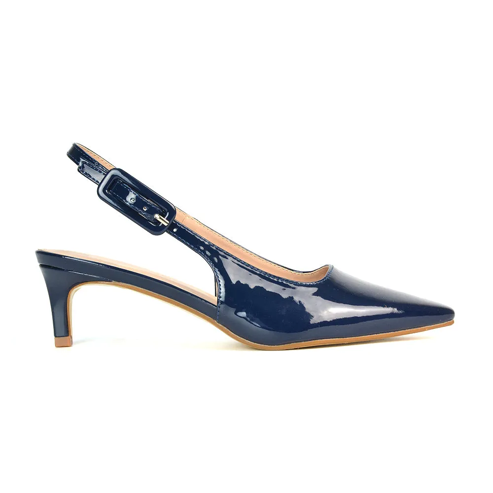 Kelly Low Kitten Heel Slingback Pointed Toe Court Shoes in Apricot Patent