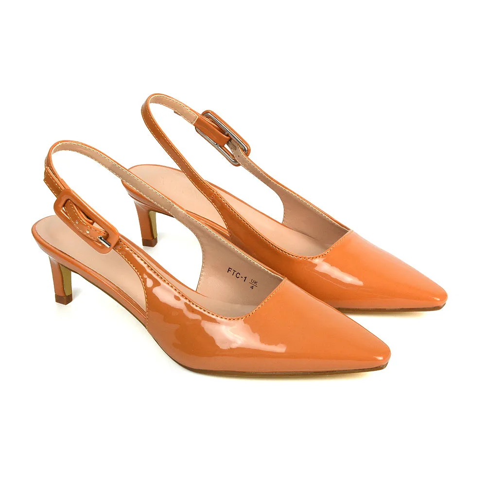 Kelly Low Kitten Heel Slingback Pointed Toe Court Shoes in Apricot Patent