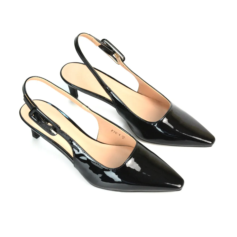 Kelly Low Kitten Heel Slingback Pointed Toe Court Shoes in Apricot Patent