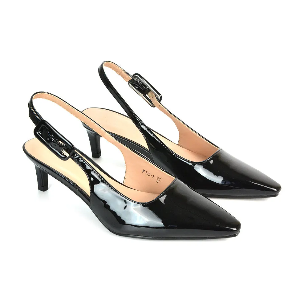 Kelly Low Kitten Heel Slingback Pointed Toe Court Shoes in Apricot Patent