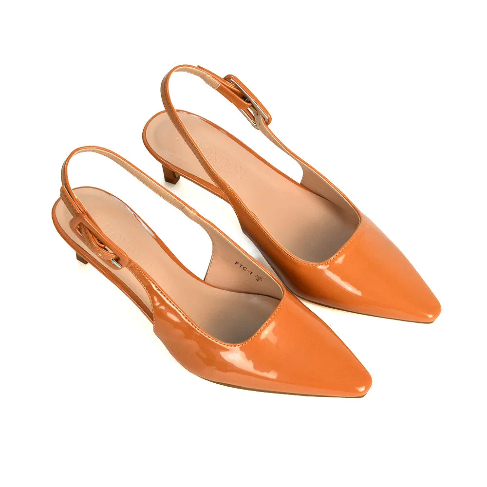 Kelly Low Kitten Heel Slingback Pointed Toe Court Shoes in Apricot Patent