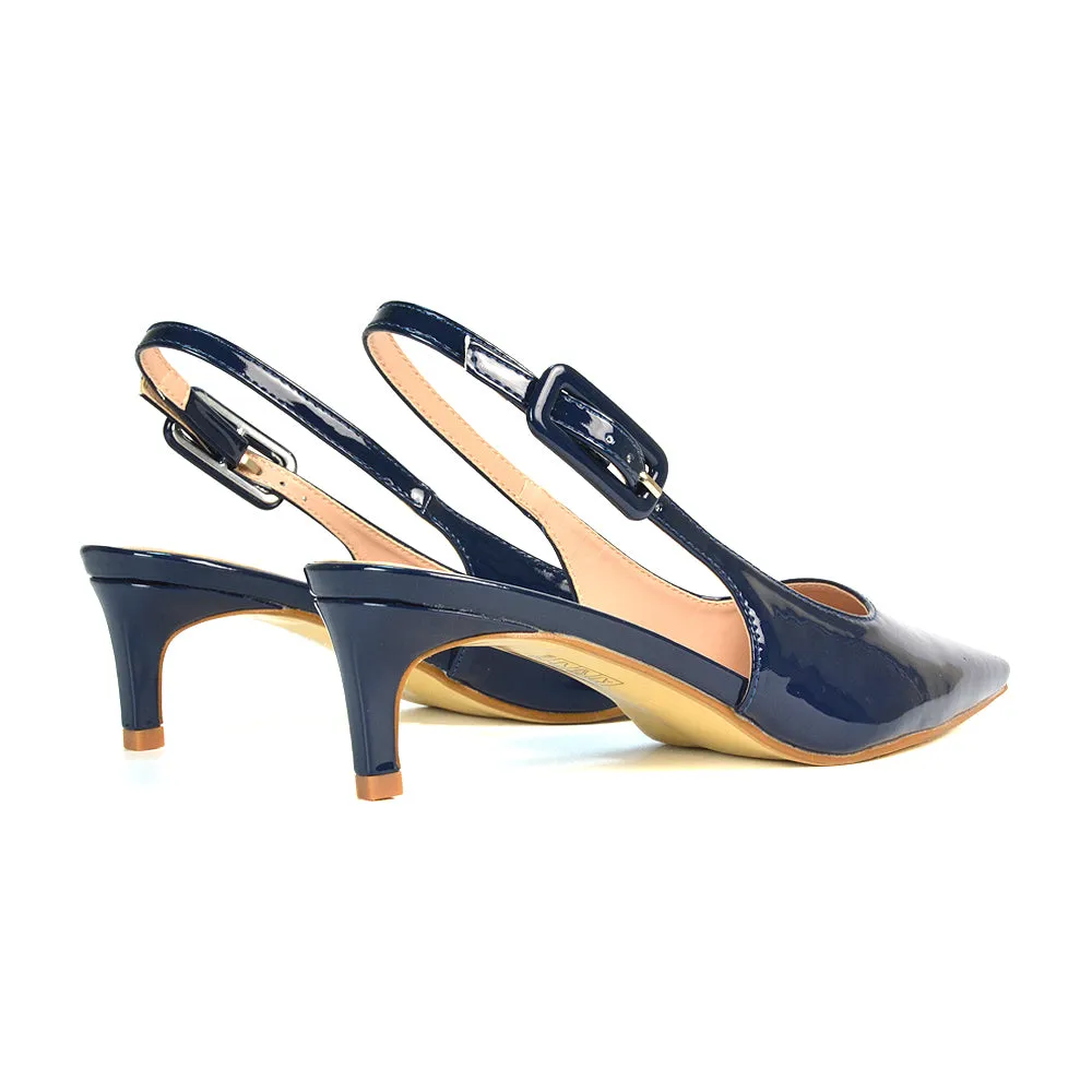 Kelly Low Kitten Heel Slingback Pointed Toe Court Shoes in Apricot Patent