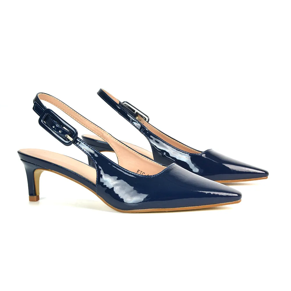 Kelly Low Kitten Heel Slingback Pointed Toe Court Shoes in Apricot Patent