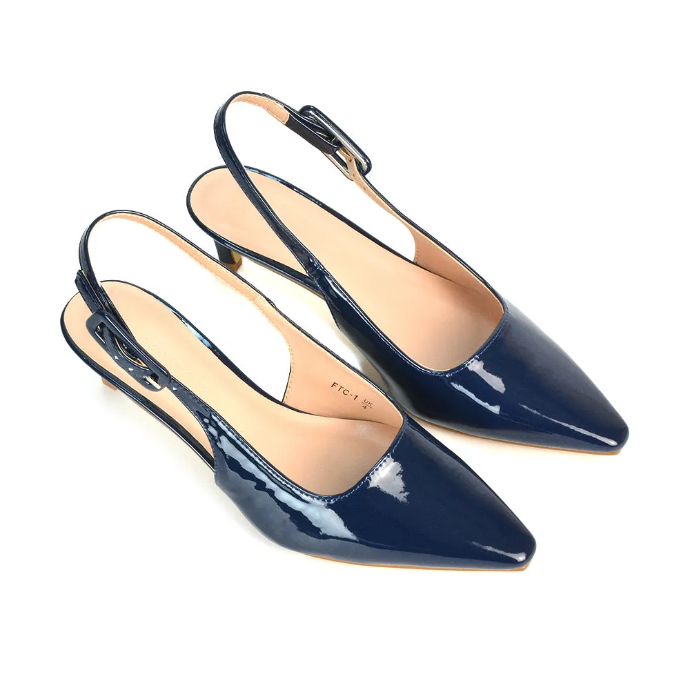 Kelly Low Kitten Heel Slingback Pointed Toe Court Shoes in Apricot Patent