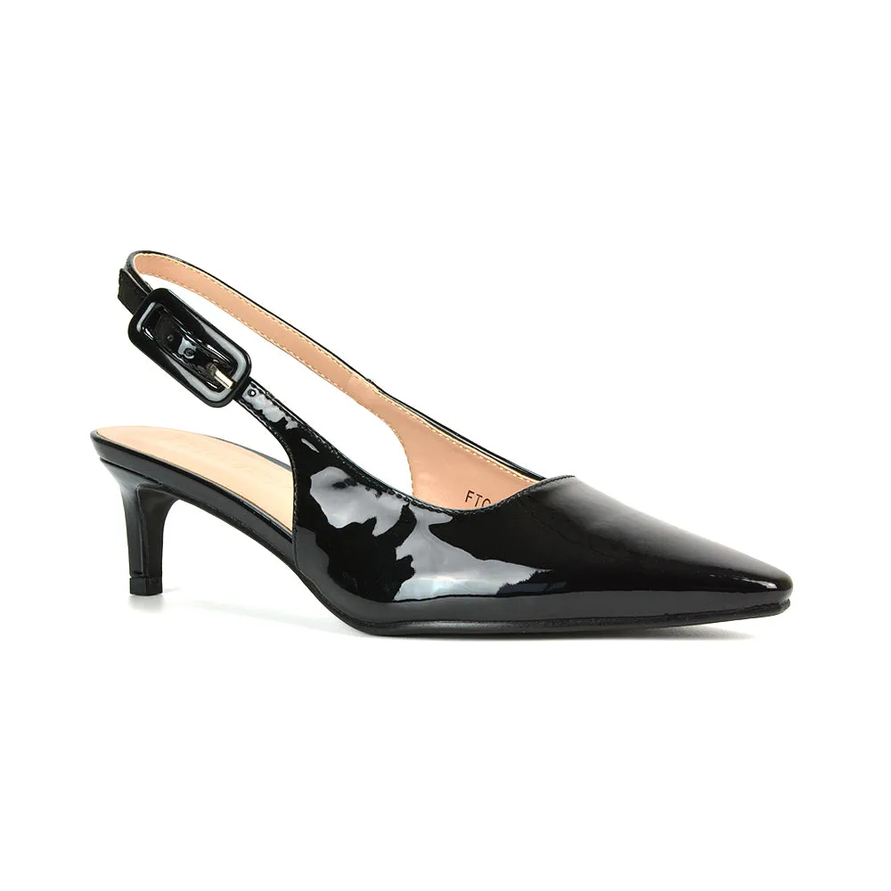 Kelly Low Kitten Heel Slingback Pointed Toe Court Shoes in Apricot Patent