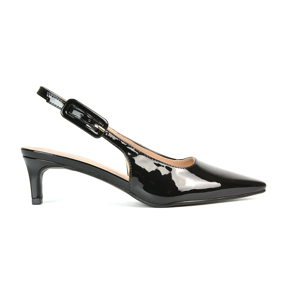 Kelly Low Kitten Heel Slingback Pointed Toe Court Shoes in Apricot Patent