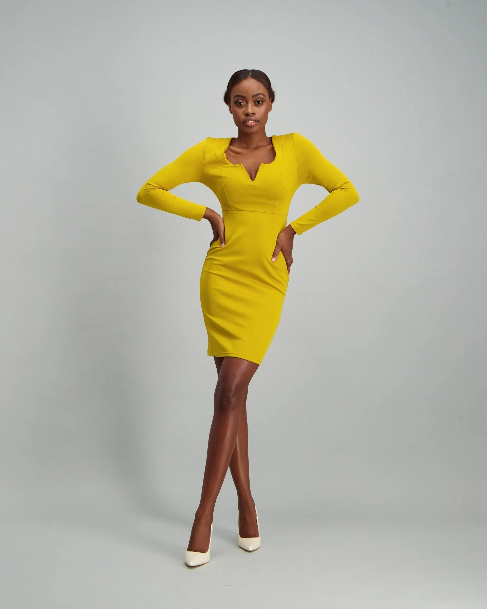 Ladies Long Sleeve V-Prong Bodycon Dress - Chartreuse