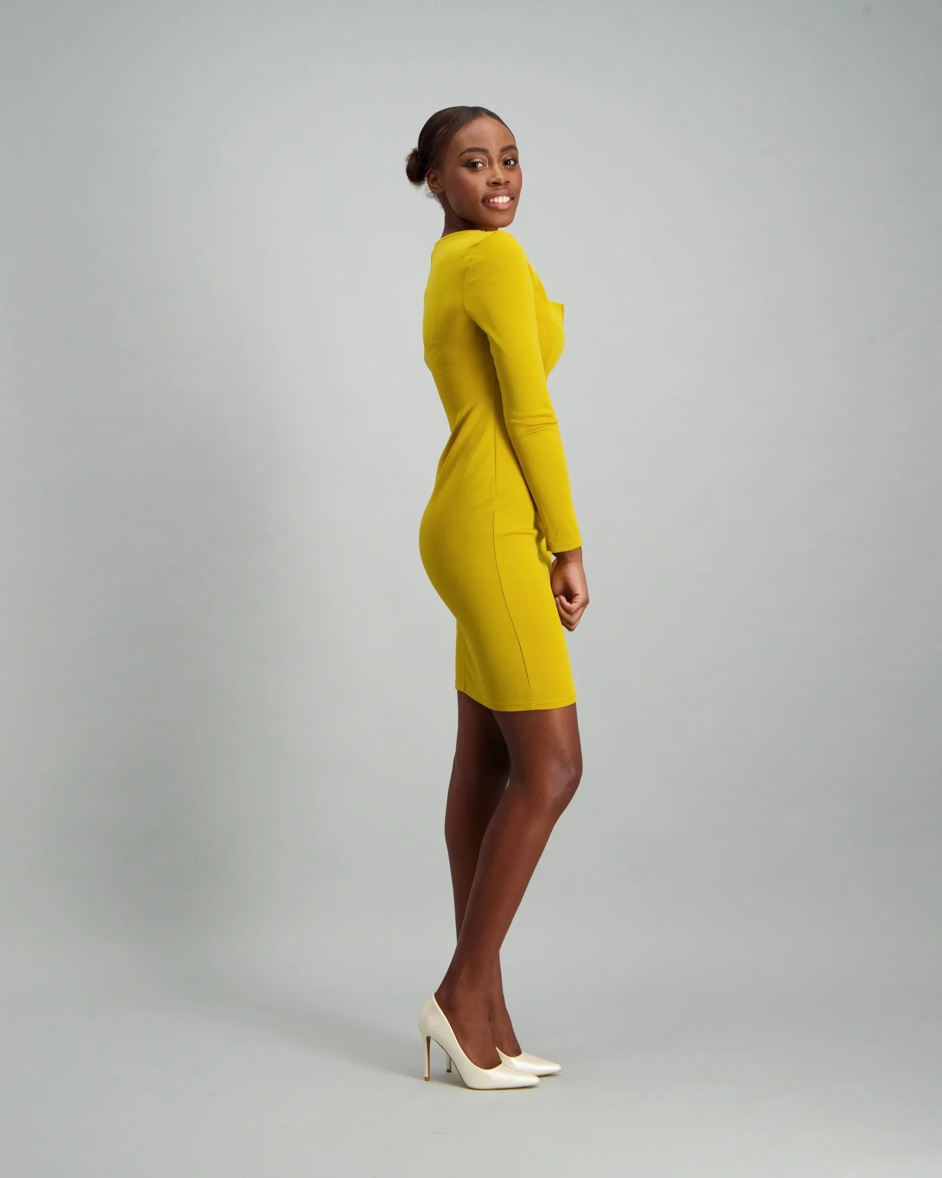 Ladies Long Sleeve V-Prong Bodycon Dress - Chartreuse