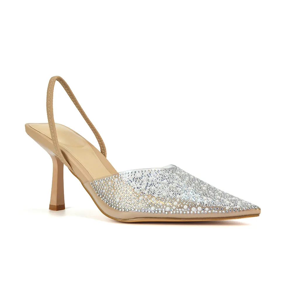 Leonie Stiletto Sparkly High Heel Rhinestone Sling Back Strappy Court Shoes in Nude
