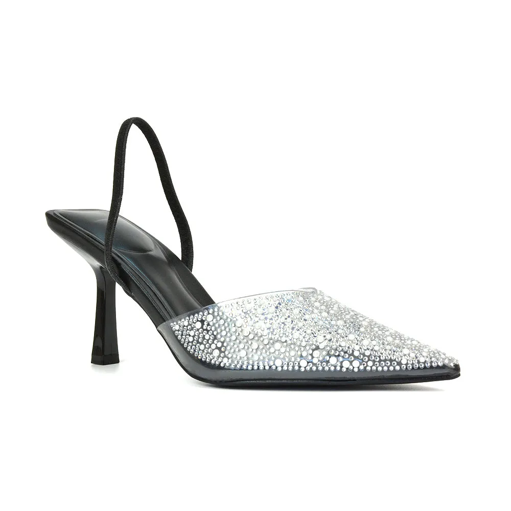 Leonie Stiletto Sparkly High Heel Rhinestone Sling Back Strappy Court Shoes in Nude