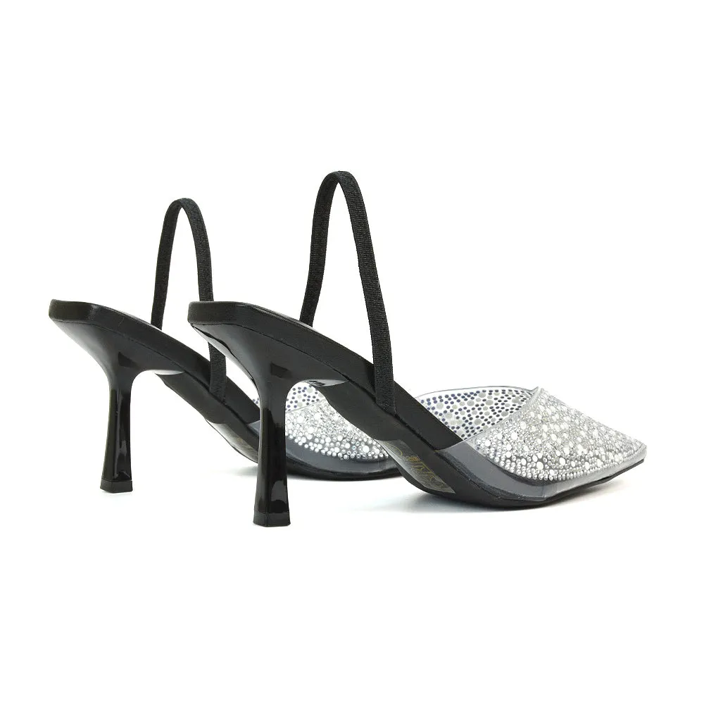 Leonie Stiletto Sparkly High Heel Rhinestone Sling Back Strappy Court Shoes in Nude