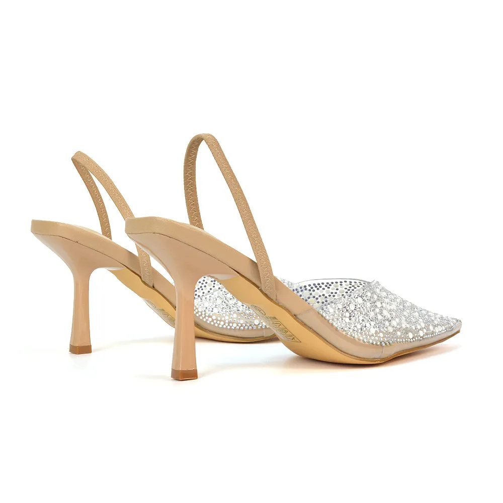 Leonie Stiletto Sparkly High Heel Rhinestone Sling Back Strappy Court Shoes in Nude