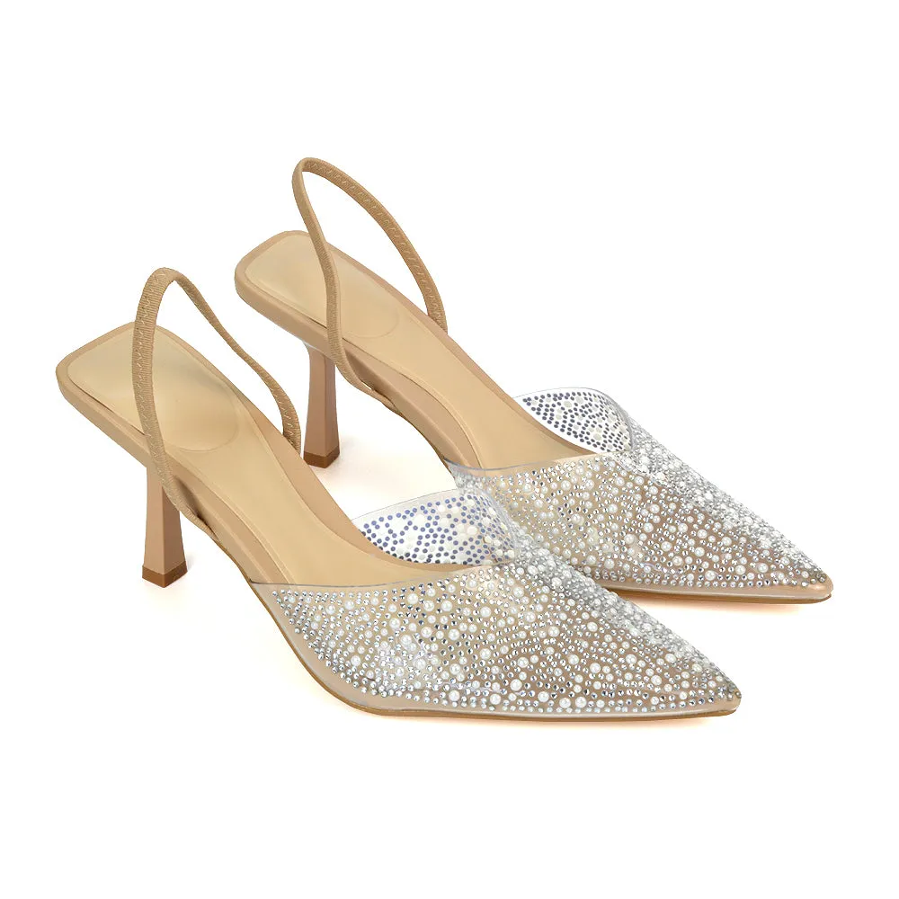 Leonie Stiletto Sparkly High Heel Rhinestone Sling Back Strappy Court Shoes in Nude
