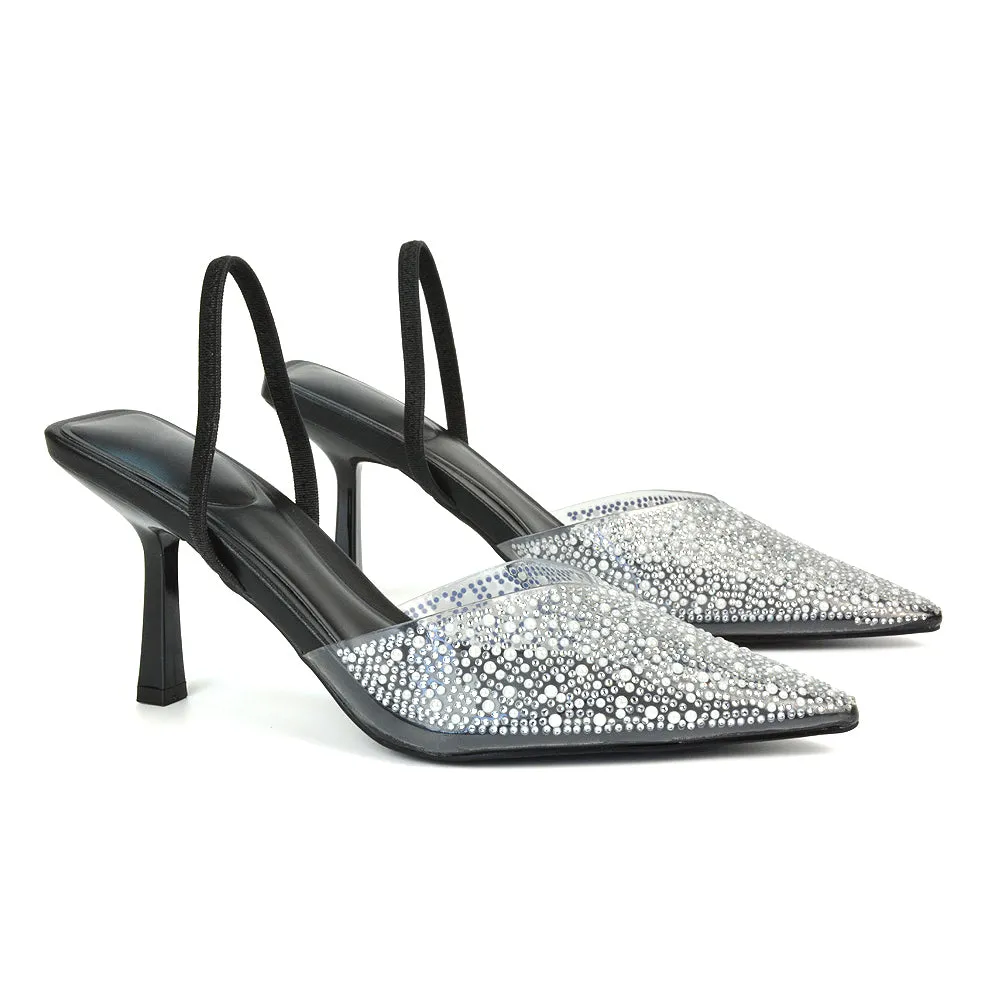 Leonie Stiletto Sparkly High Heel Rhinestone Sling Back Strappy Court Shoes in Nude