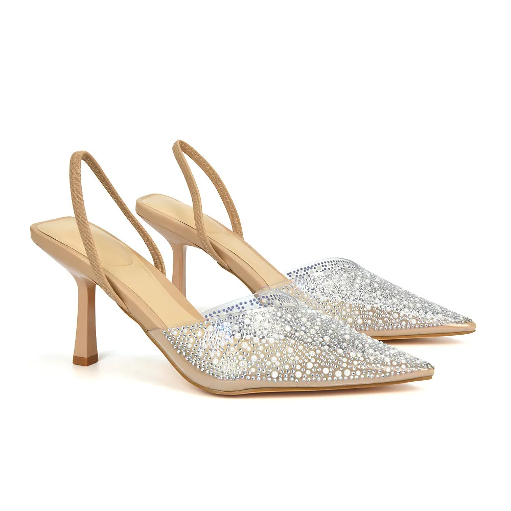 Leonie Stiletto Sparkly High Heel Rhinestone Sling Back Strappy Court Shoes in Nude