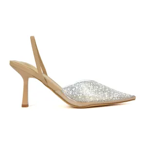 Leonie Stiletto Sparkly High Heel Rhinestone Sling Back Strappy Court Shoes in Nude
