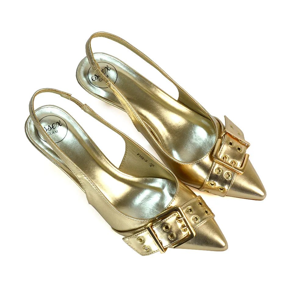 Lexi Buckle Pointed Toe Slingback Low Kitten Heels in Black Patent