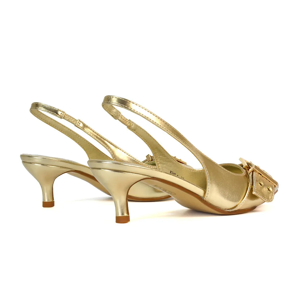 Lexi Buckle Pointed Toe Slingback Low Kitten Heels in Black Patent