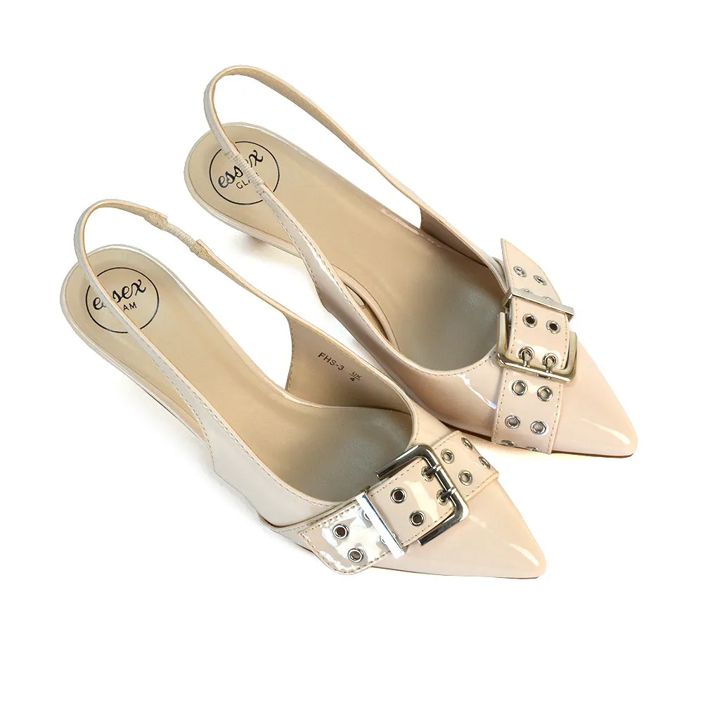 Lexi Buckle Pointed Toe Slingback Low Kitten Heels in Black Patent