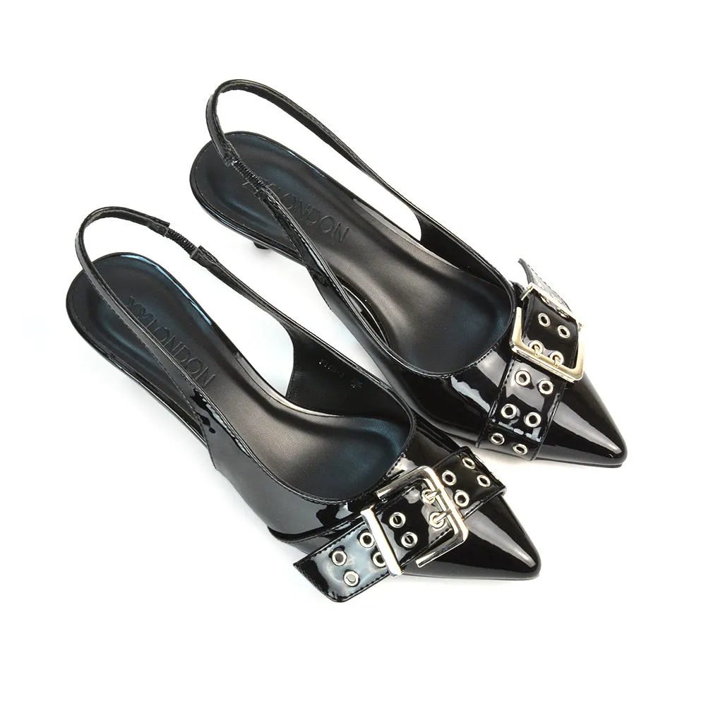 Lexi Buckle Pointed Toe Slingback Low Kitten Heels in Black Patent
