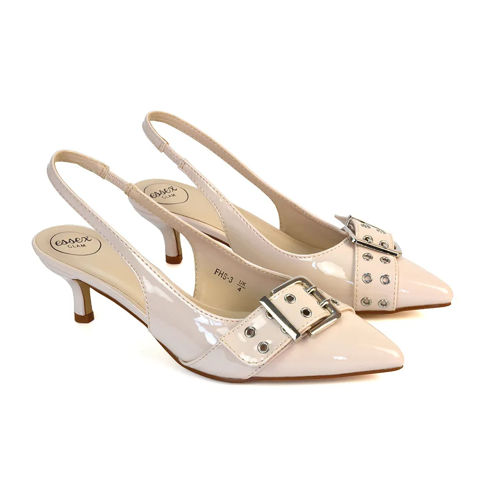 Lexi Buckle Pointed Toe Slingback Low Kitten Heels in Black Patent