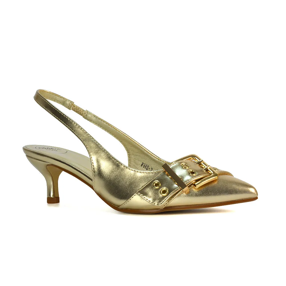 Lexi Buckle Pointed Toe Slingback Low Kitten Heels in Black Patent