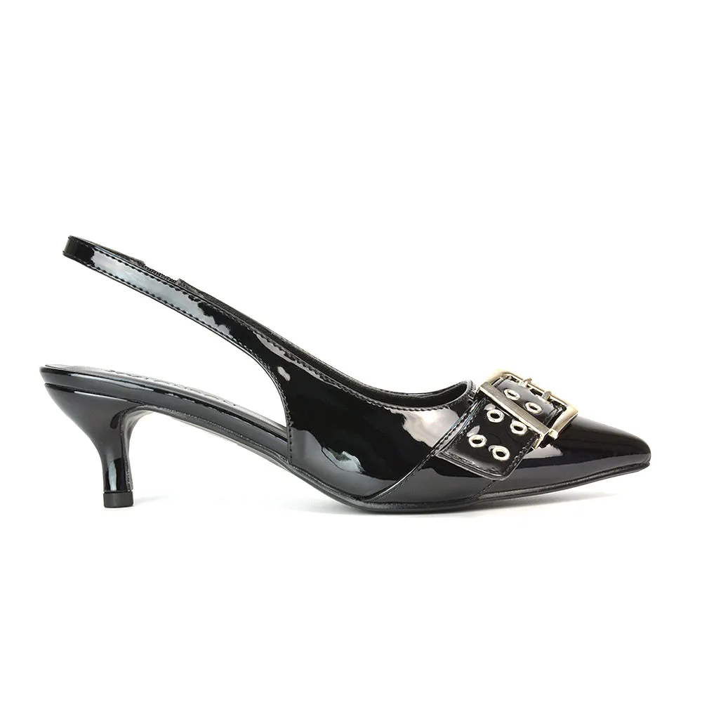 Lexi Buckle Pointed Toe Slingback Low Kitten Heels in Black Patent