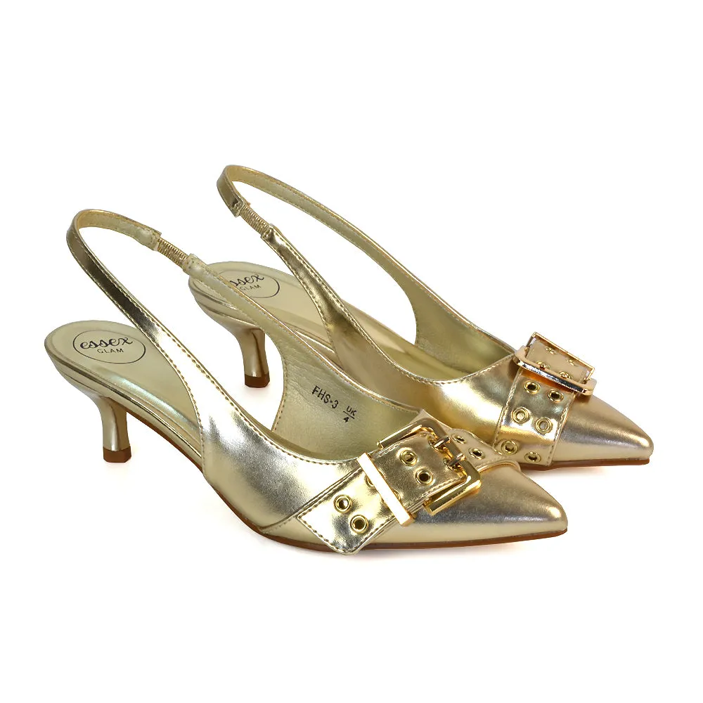 Lexi Buckle Pointed Toe Slingback Low Kitten Heels in Black Patent