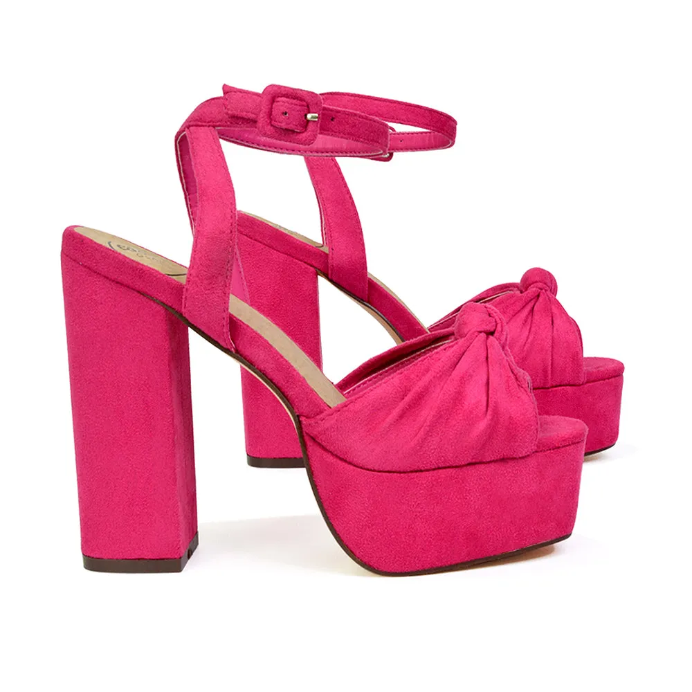 Lillian Peep Toe Strappy Chunky Sole High Platform Block Heels in Nude Faux Suede