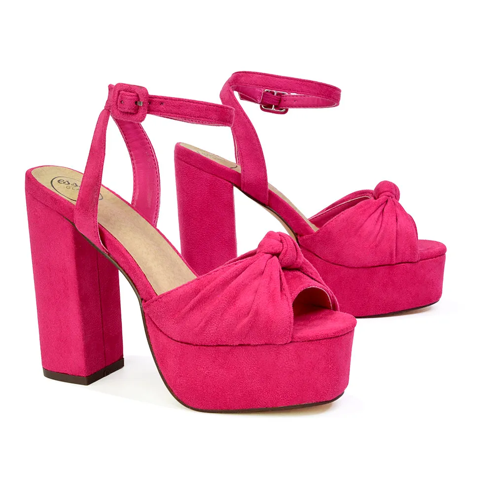 Lillian Peep Toe Strappy Chunky Sole High Platform Block Heels in Nude Faux Suede