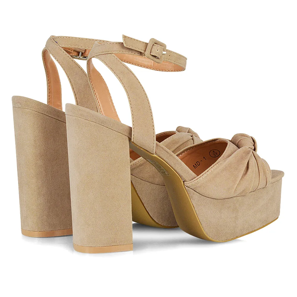Lillian Peep Toe Strappy Chunky Sole High Platform Block Heels in Nude Faux Suede