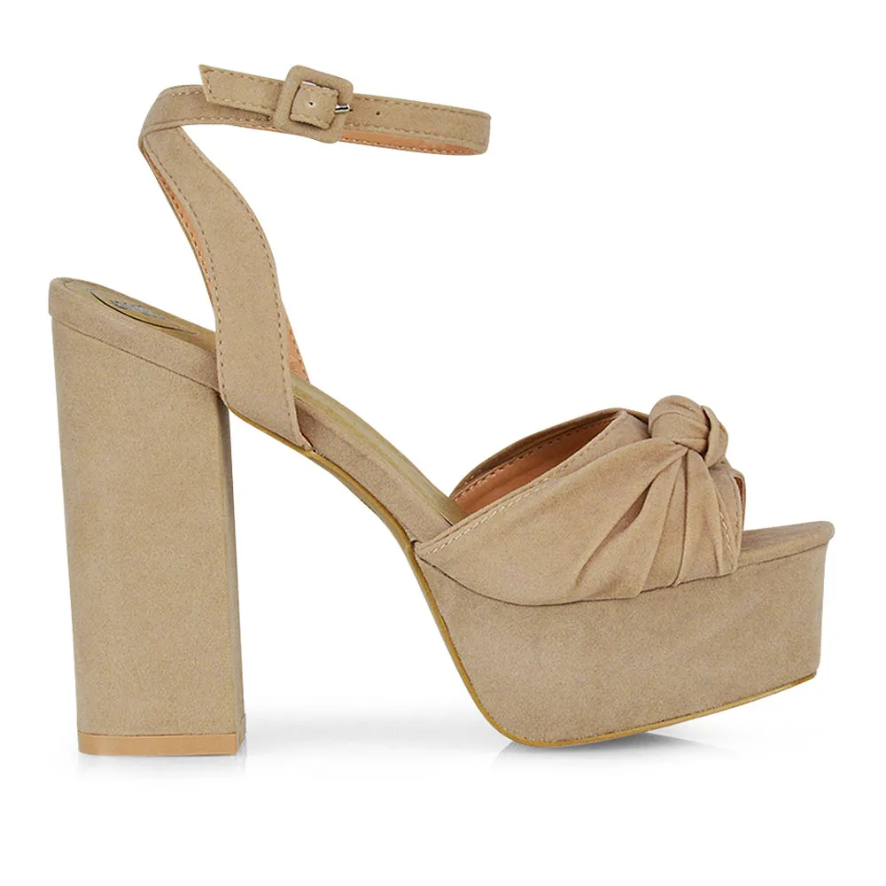 Lillian Peep Toe Strappy Chunky Sole High Platform Block Heels in Nude Faux Suede