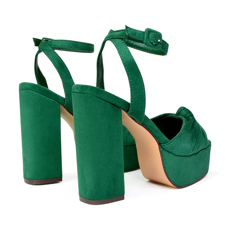 Lillian Peep Toe Strappy Chunky Sole High Platform Block Heels in Nude Faux Suede